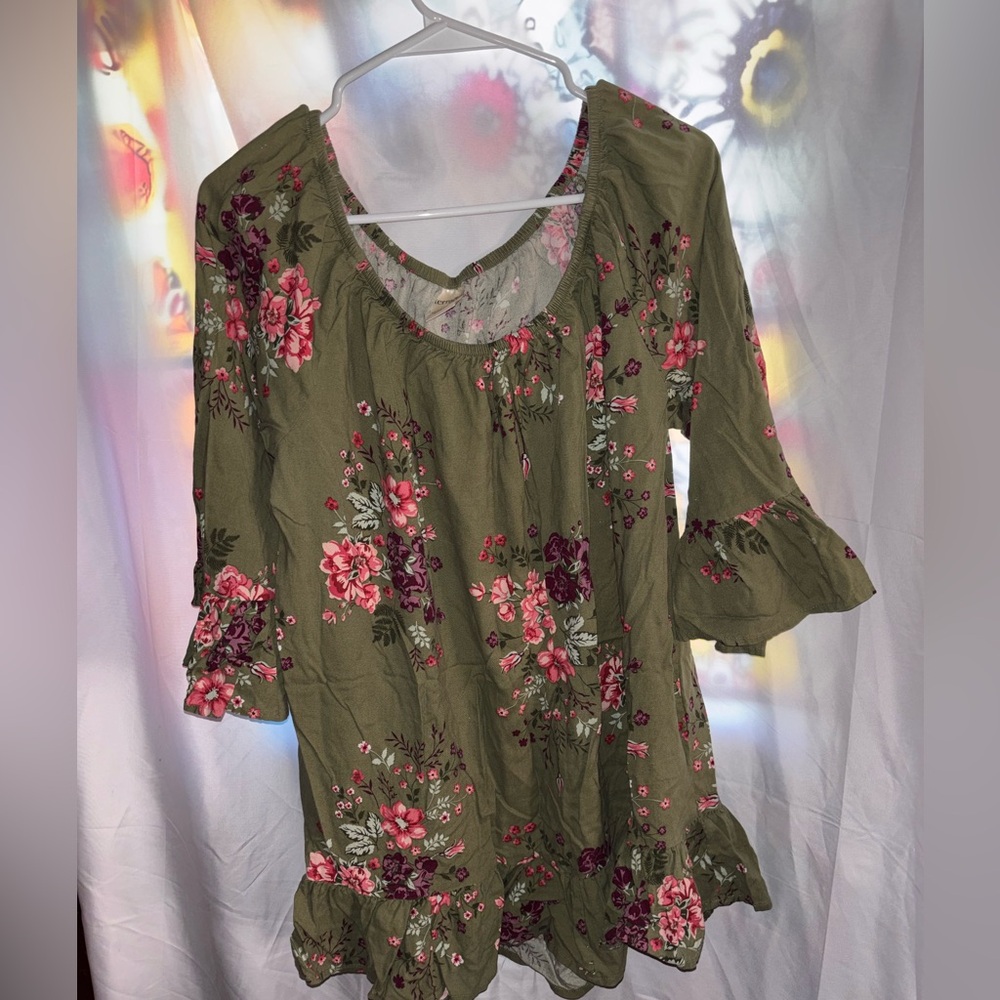 Olive Green Floral Peasant Top with Ruffle Sleeves - Women